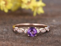 0.5 Carat Round Amethyst Diamond Engagement Ring 14k Rose Gold Art Deco Milgrain Stacki...