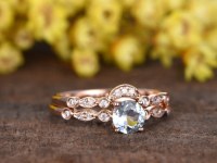 0.5 Carat Round Aquamarine Bridal Set Diamond Wedding Ring 14k Rose Gold Art Deco Curve...