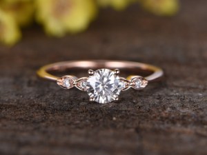 0.5 Carat Round Moissanite Engagement Ring Diamond 14k Rose Gold Three Stone Stacking...