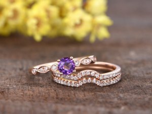 1 Carat Round Amethyst Wedding Ring Set 14k Rose Gold Diamond Matching Band Art Deco Cu...