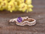1 Carat Round Amethyst Wedding Ring Set 14k Rose Gold Diamond Matching Band Art Deco Cu...