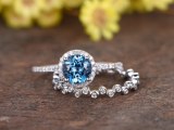 1 Carat Round Blue Topaz Wedding Set 14k White Gold Diamond Bridal Ring Unique Full Ete...