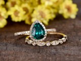 1 Carat Teardrop Emerald Engagement Ring Set Diamond Wedding Band 14k Yellow Gold Art...