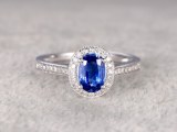1.03ct Oval Cut Sapphire Engagement Ring Diamond Wedding Ring 14K White Gold Big Halo...