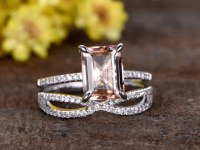 1.2 Carat Emerald Cut Morganite Wedding Set 14k White Gold Diamond Bridal Ring Loop Inf...