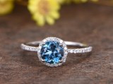 1.2 Carat London Blue Topaz Engagement Ring With Diamond 14k White Gold Halo Stacking...