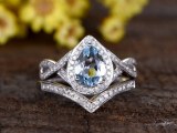 1.2 Carat Oval Aquamarine Bridal Set Diamond Wedding Ring 14k White Gold Split Shank In...