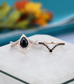 2ST Päronformad Svart Onyx Förlovningsring Uppsättning Unik Art Déco Roséguld Förlovnin...