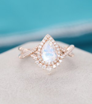 Päronformad Månsten Förlovningsring För Kvinnor Roséguld Förlovningsring Årgång Unik Ar...