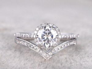 2 Bridal Set,Moissanite Engagement ring White gold,V Diamond wedding band,Curve ring,14...
