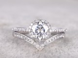 2 Bridal Set,Moissanite Engagement ring White gold,V Diamond wedding band,Curve ring,14...