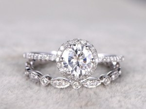 2 Bridal Set,Moissanite Engagement ring White gold,Diamond wedding band,Full eternity...