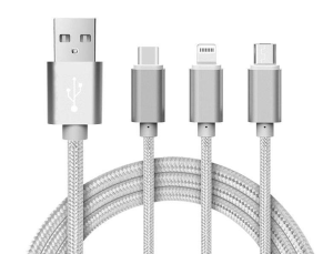Reekin Chargeur 3 en 1 (Micro Type-C Lightning) - 1,2 Mètre (silver-Nylon)