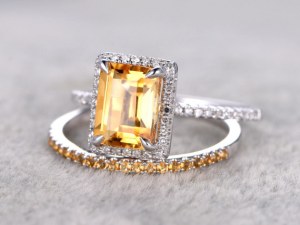 2pcs Bridal Ring Set,6x8mm Natural Emerald cut Citrine Engagement ring,14k White gold...