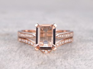 2pcs Bridal Ring Set,Solitaire Morganite Engagement ring Rose gold,Curve Diamond weddin...