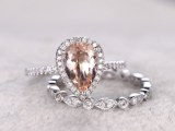2pcs Morganite Bridal Ring Set,Engagement ring White gold,Diamond wedding band,14k,7x10...
