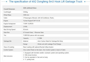 4X2 Dongfeng 5m3 Hook Lift Garbage Trucks