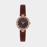 ROUND DIAMOND DIAL WATCH WITH BROWN LEATHER STRAP FOR WOMEN