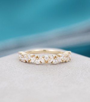 Gult Guld Vigselring Kvinnor Halv Evighet Marquise Moissanite Vigselring Årgång Matchan...