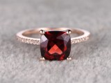 8mm Cushion Garnet Engagement Ring Diamond Wedding Ring 14k Rose Gold Birthstone Stacki...