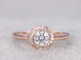 Brilliant Moissanite Engagement ring Rose gold,Plain gold band,Diamond floral halo,14k...