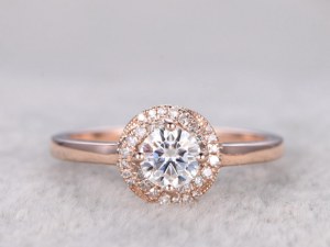 Brilliant Moissanite Engagement ring Rose gold,Plain gold band,Diamond floral halo,14k...