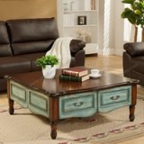 Square Shape Solid Birch Wood Didtressed Coffee Table Wood in Blue