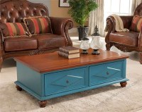 Blue Color Vintage Coffee Table With Two Drawers