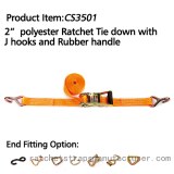 CS3501 2" polyester Ratchet Tie down with J hooks and rubber handle