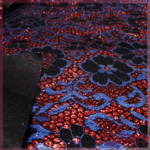 Red blue flower tricot lace fabric, sparkle bonded lace fabric for dress