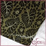 Golden black bonded lace fabric, leaves tricot lace fabric