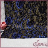 Elegant blue flower bonded lace fabric, sparkle lace tricot fabric