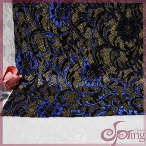 Elegant blue flower bonded lace fabric, sparkle lace tricot fabric