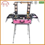 Metal Telecope handle LED light case makeup box/case makeup case with 4 wheels