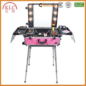 Metal Telecope handle LED light case makeup box/case makeup case with 4 wheels