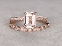Morganite Rose Gold Wedding Set Diamond Half Eternity Ring 6x8mm Emerald Cut Art Deco...