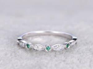 Natural Diamonds and Emerald,Half Eternity Wedding band,14K White gold,Anniversary Ring...