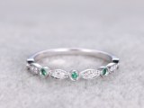 Natural Diamonds and Emerald,Half Eternity Wedding band,14K White gold,Anniversary Ring...