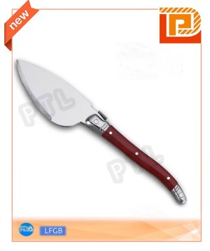 Stainless steel cheese knife with deluxe wooden handle and broad blade