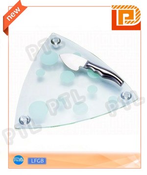 Stainless steel cheese knife with streamlined handle plus triangular glass cutting board(2 pieces)