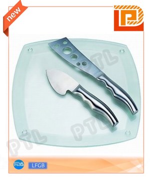 Stainless steel cheese knife with streamlined handle plus square glass cutting board(2 pieces)