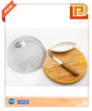 Wooden cheese set with oval ceramic bowl plus S/S cover (4 pieces)