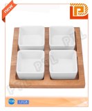 Food holder with 4-piece square ceramic bowls plus wooden stand