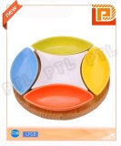 Colorful food holder with 5-piece ceramic bowls plus wooden stand