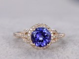 Tanzanite Engagement ring yellow gold,7.5mm round cut,Diamond Promise Ring,14K,Bridal...
